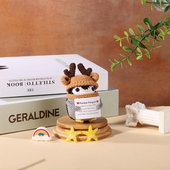Pocket Penguin Plush with Reindeer Antlers Holiday Motivational Message Hug Gift - Picture 5 of 10